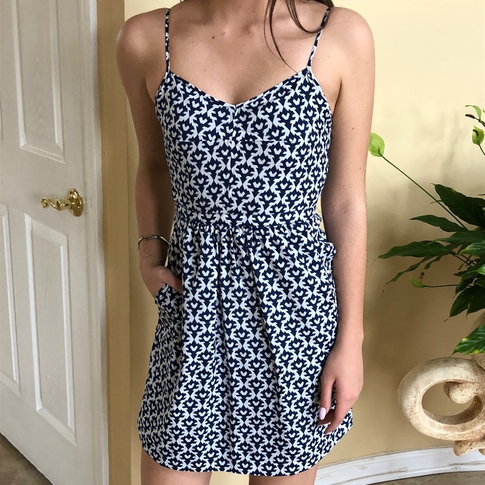 J. Crew dress with navy blue & white pattern